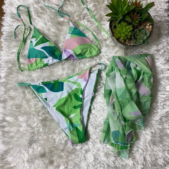 New Triangle String Bikini Set XL Matching Sarong Green Abstract print. - Picture 1 of 12